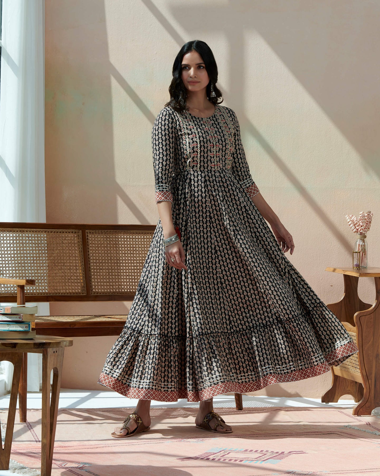 Hand Block Bagru Printed Tiered Dress With Emb At Yoke